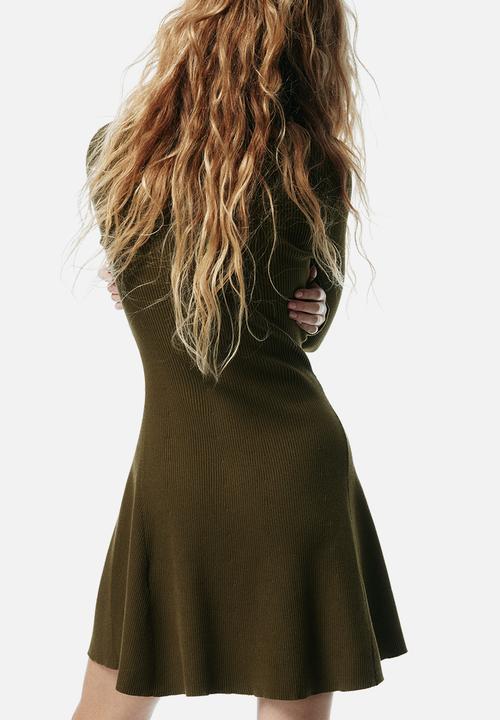 H&M - Rib-knit flared-skirt dress - dark olive green