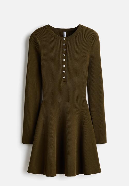 H&M - Rib-knit flared-skirt dress - dark olive green