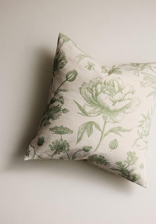 Linen-blend cushion cover - light beige/floral
