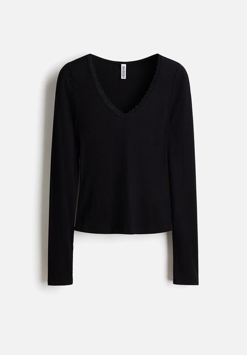 H&M - Lace-trimmed jersey top - black