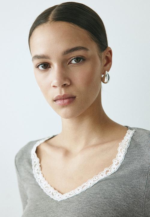 H&M - Lace-trimmed jersey top - light grey marl