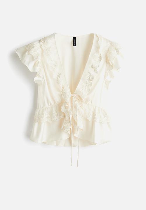H&M - Flounce-trimmed satin blouse - cream