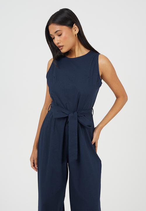 Brave Soul - Ladies Woven Jumpsuit With Tie Waist Detail - Navy