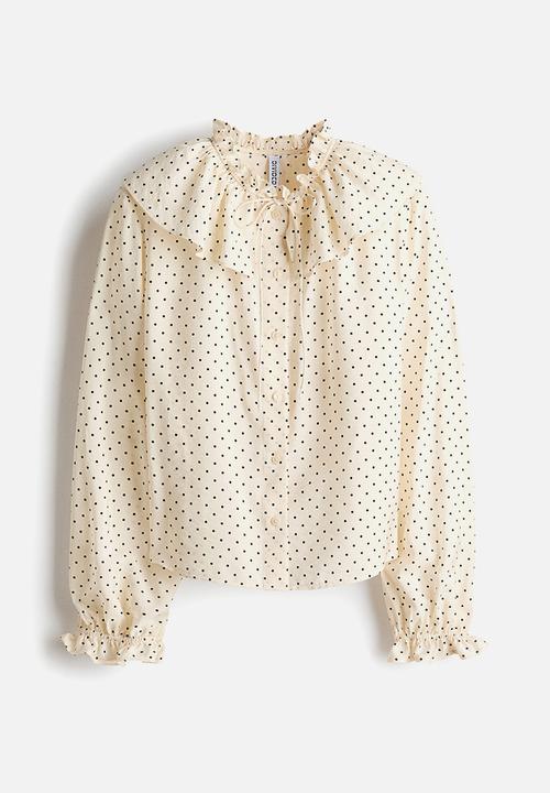 H&M - Frill-trimmed blouse - light beige/spotted