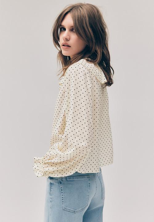 H&M - Frill-trimmed blouse - light beige/spotted