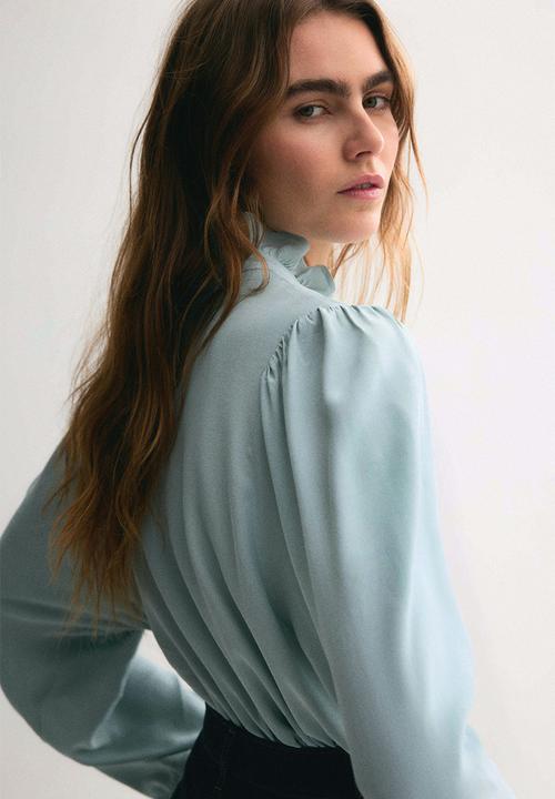 H&M - Frill-collared viscose blouse - light turquoise