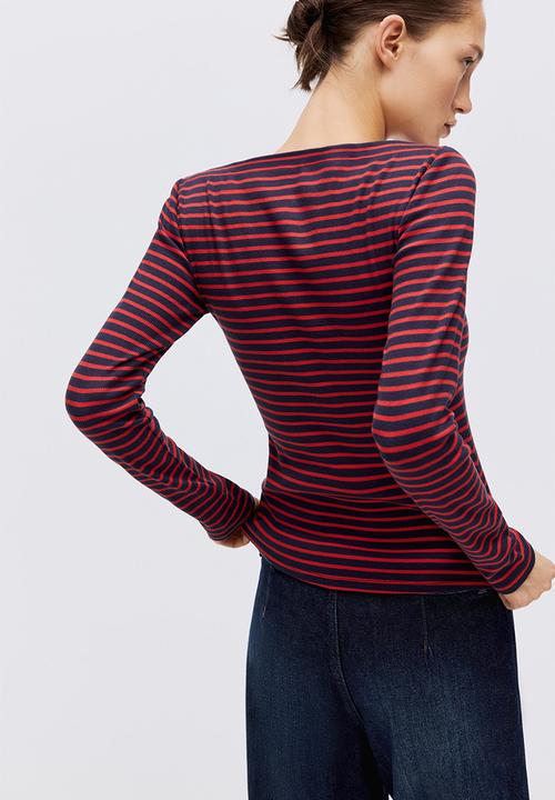 H&M - Ribbed boat-neck top - red/striped