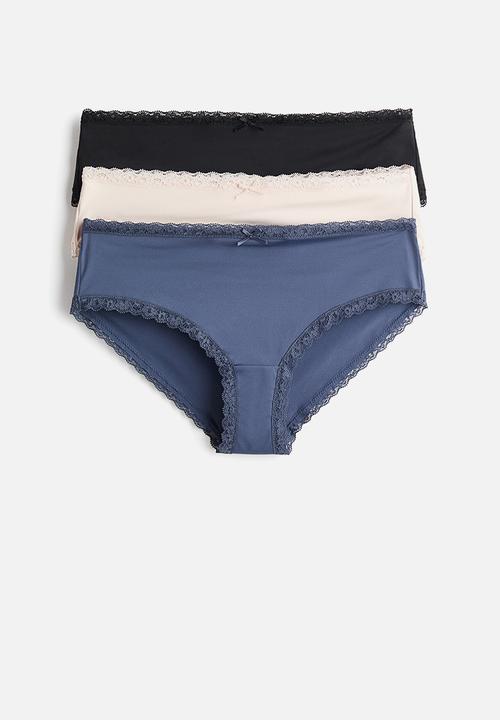3-pack lace-trimmed hipster briefs - dark blue/light pink/black