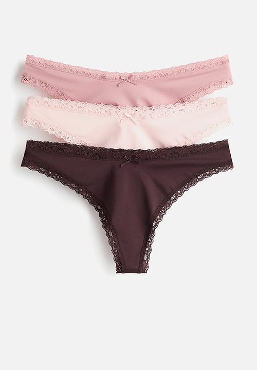3-pack lace-trimmed thong briefs - dark brown/pink/light pink