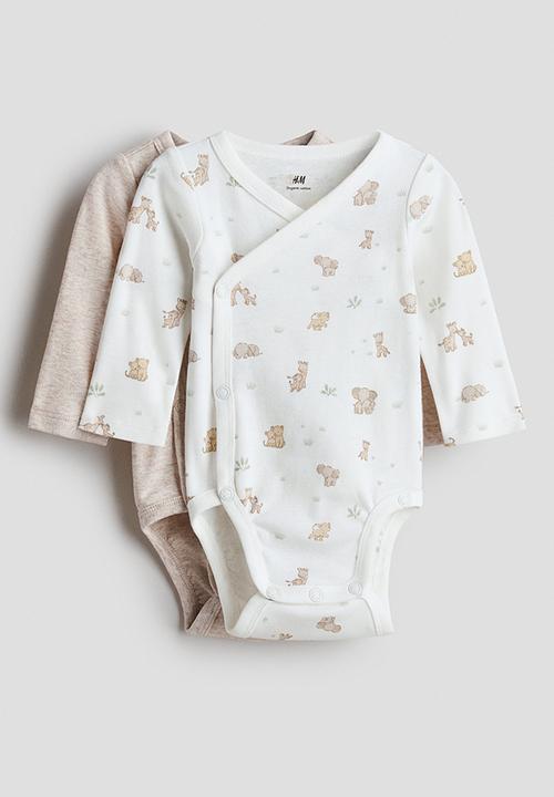 H&M - 2-pack cotton wrapover bodysuits - light beige/animals