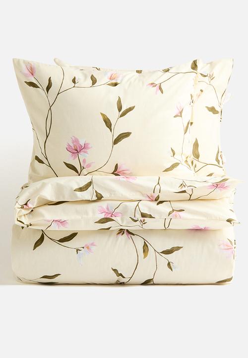 H&M - Cotton double/king duvet cover set - light beige/floral