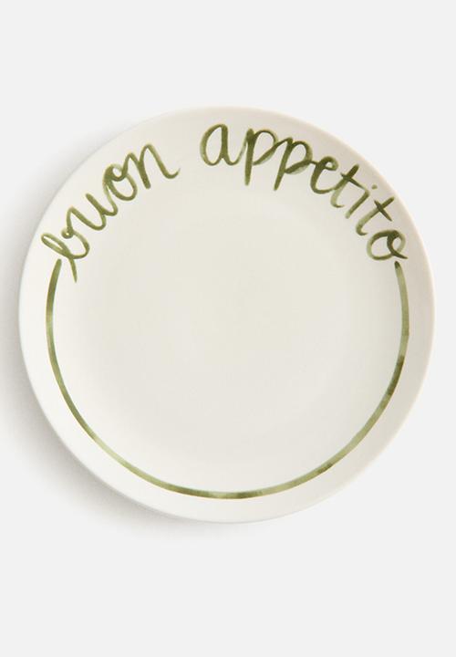 H&M - Text-motif porcelain medium plate - white/buon appetito