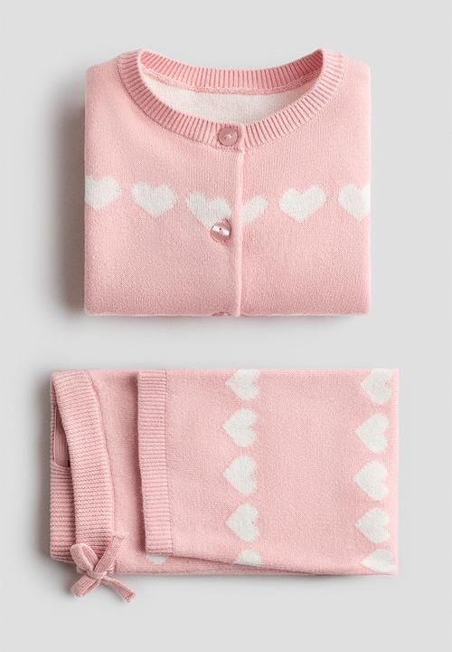 H&M - 2-Piece fine-knit cotton set - light pink/hearts