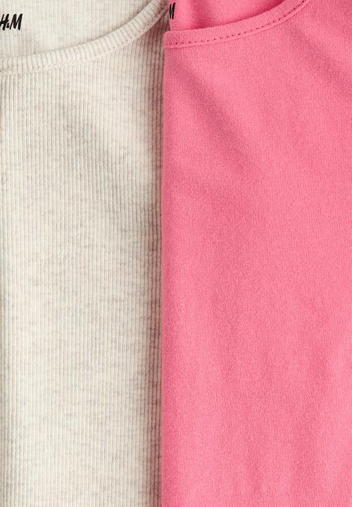 H&M - 2-Pack frill-trimmed jersey tops - light beige marl/hot pink
