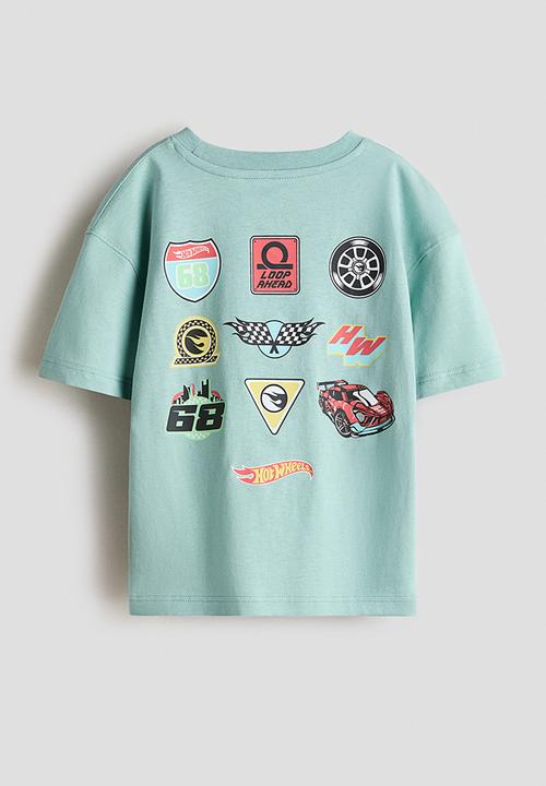 H&M - Printed cotton T-shirt - dusty turquoise/hot wheels