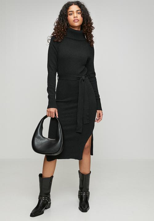 Izabel London - Belted Waist Knitted Shift Dress - Black