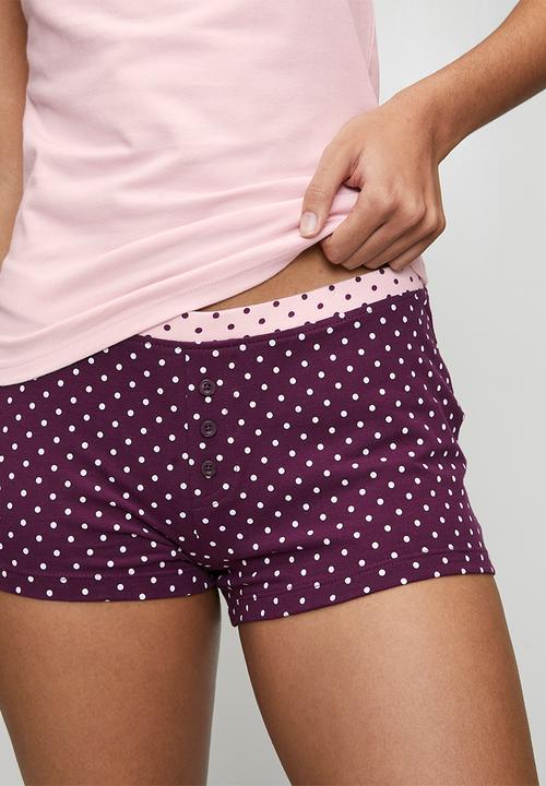 Cotton On - Dreamy Soft Longline Cami & Boyshort Set - Pink Kiss Booked/Peyton Spot Blackcurrant