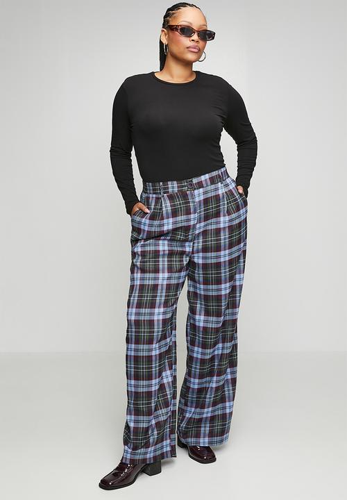 Me&B - Plus Check Straight Leg Trousers - Burg/Green