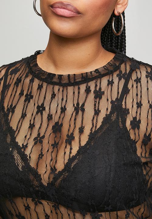 Me&B - Plus Longsleeve Top Flower Lace - Black