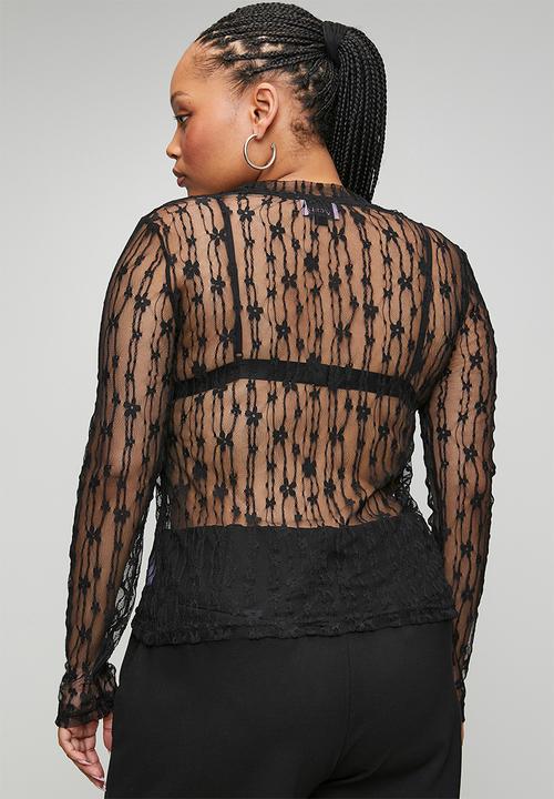 Me&B - Plus Longsleeve Top Flower Lace - Black