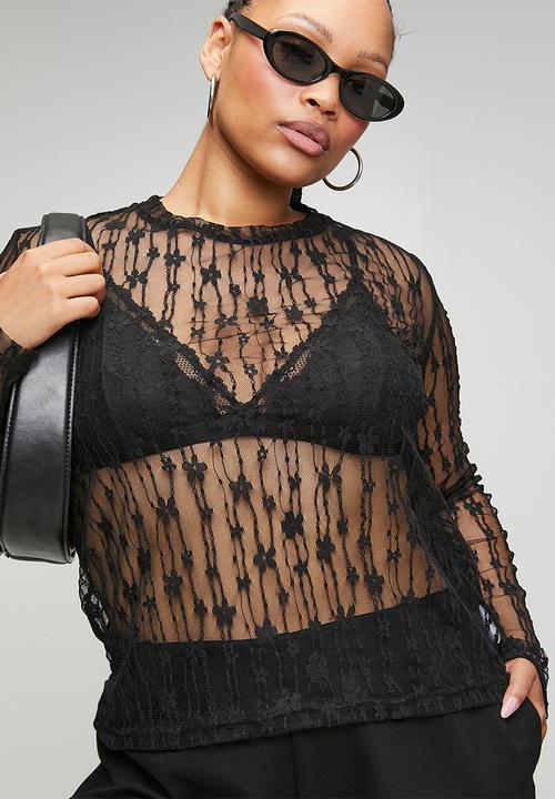Me&B - Plus Longsleeve Top Flower Lace - Black
