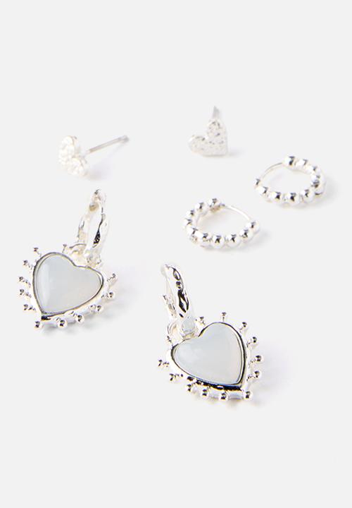 Rubi - 3 Pack Mid Earring - Up Silver Dotted Heart Stone