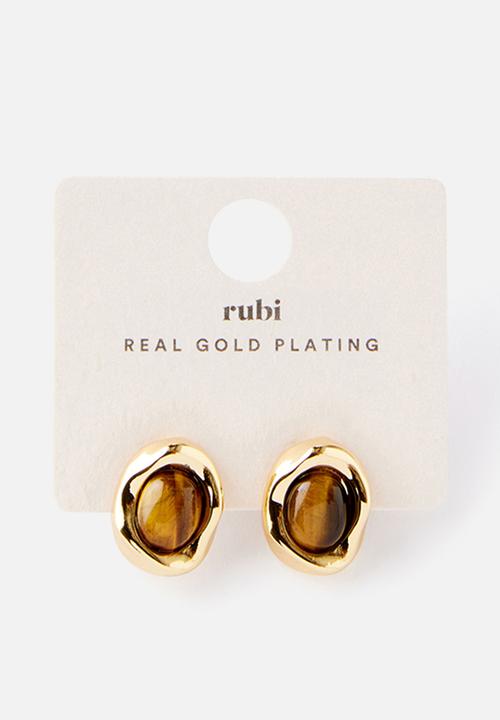 Rubi - Small Charm Earring - Gold Plated Tigers Eye