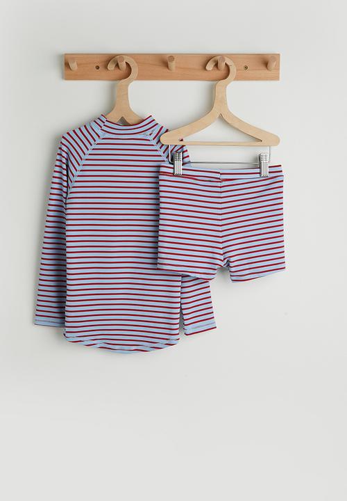 Cotton On - Flynn Rash Vest And Billy Boyleg Trunk Set - Varsity Red / Dawn Blue Stripe