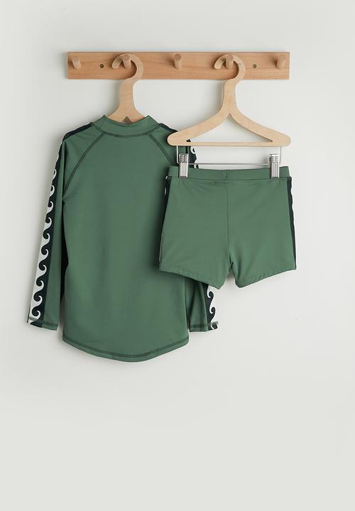 Cotton On - Flynn Rash Vest And Billy Boyleg Trunk Set - Khaki Green/Wave