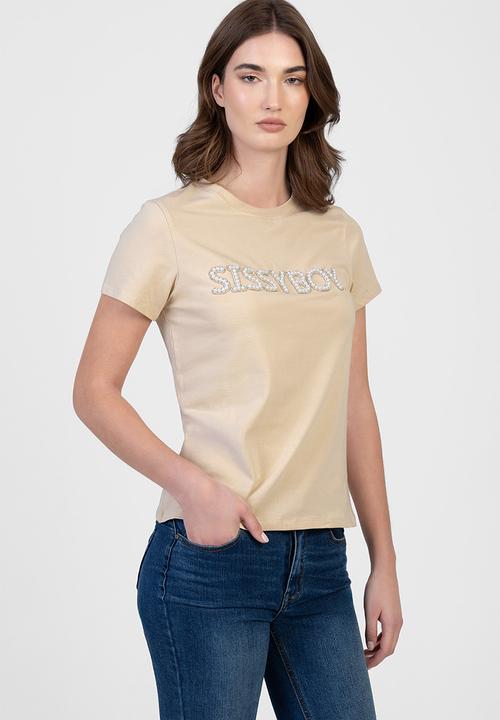 SISSY BOY - Rumours: Regular Fit Pearl And Bling Logo Top - Stone