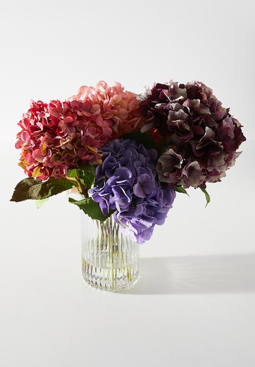 Silk By Design - Mixed Hydrangea In Ribbed Vase - clear