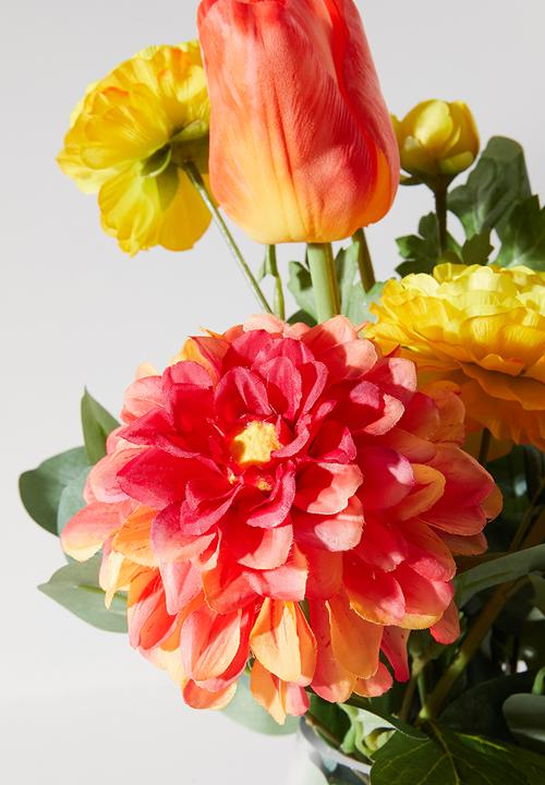 Silk By Design - Orange & Red Dahlia In Vase - multi