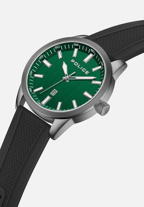 Police - IP Gun Case Green Dial Silicone Strap - Gunmetal