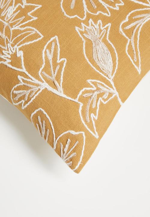 Sixth Floor - Cotton Embroidered Floral Cushion Cover - Mustard