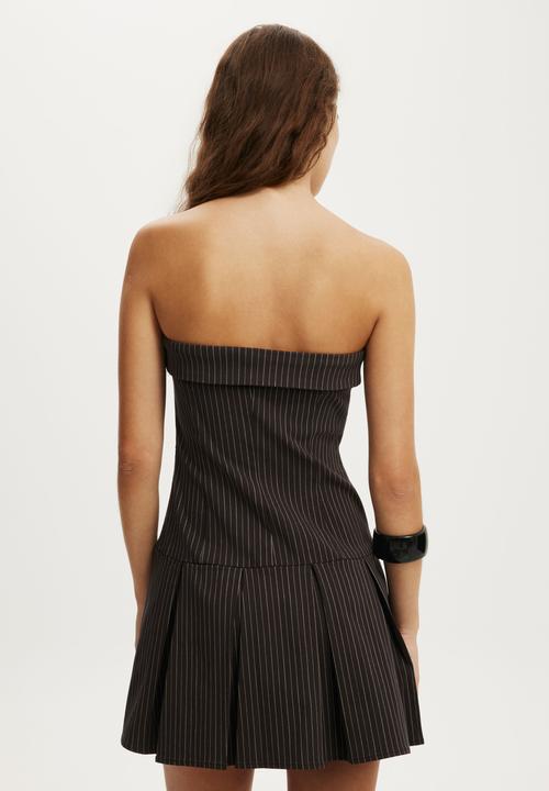Cotton On - Strapless Suiting Mini Dress - Bonnie Pinstripe Dark Oak
