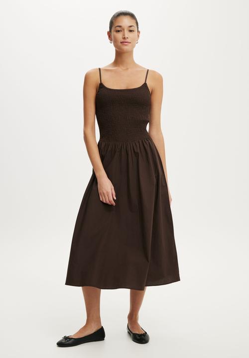 Cotton On - Remy Shirred Midi Dress - Dark Oak