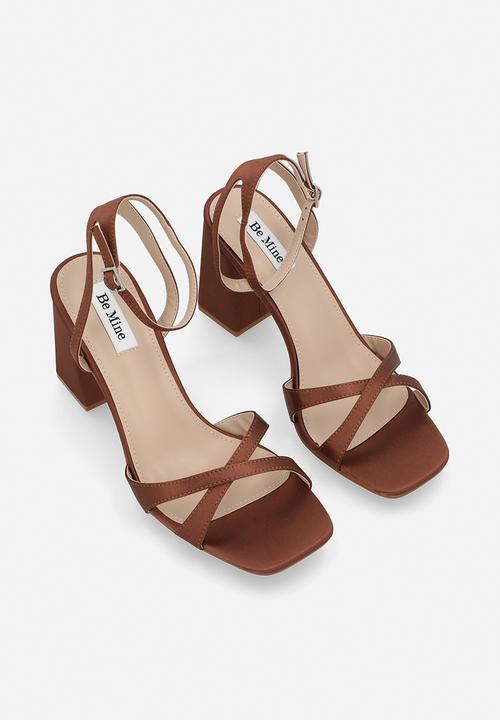 Be Mine - Eshma open toe block heel ankle strap - mocha satin
