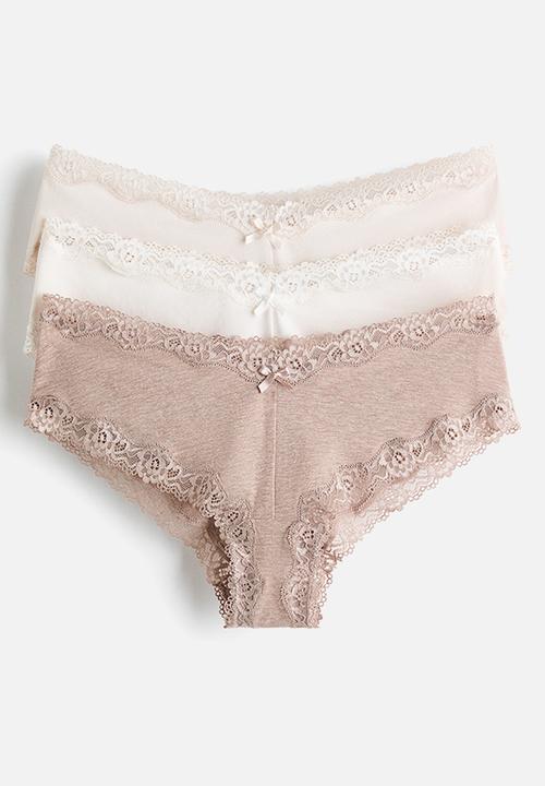 3-Pack cotton and lace hipster briefs - beige marl/powder pink