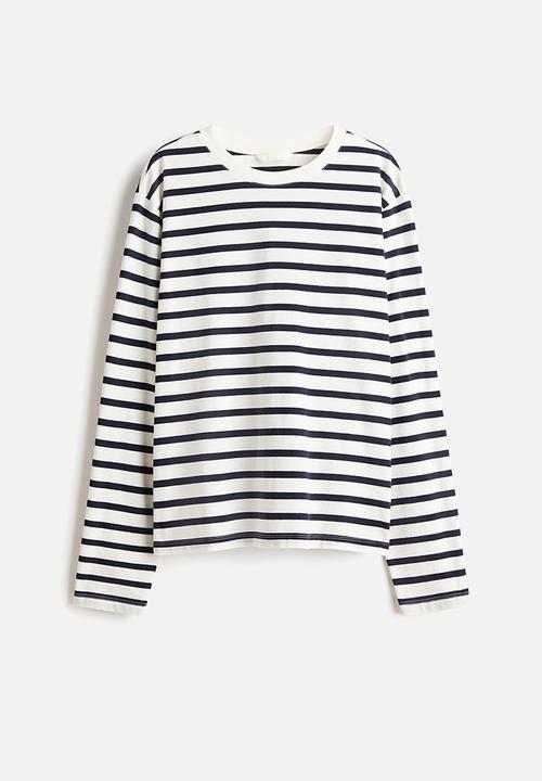 H&M - Long-sleeved cotton top - white/navy blue striped