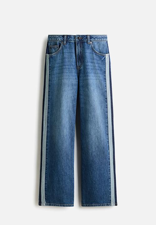 H&M - Wide regular side-striped jeans - denim blue/dark blue