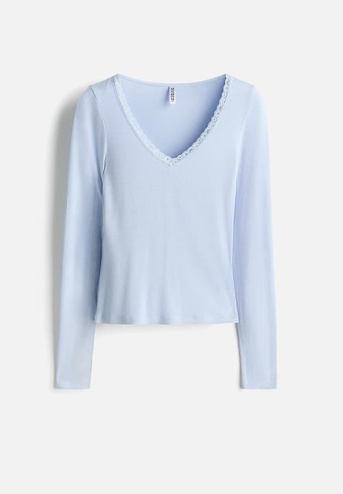 H&M - Lace-trimmed jersey top - light blue