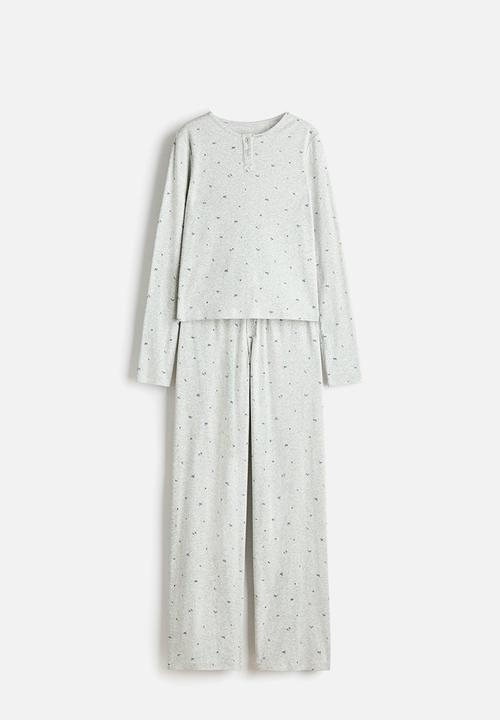 H&M - Pointelle-knit pyjamas - light grey marl/floral