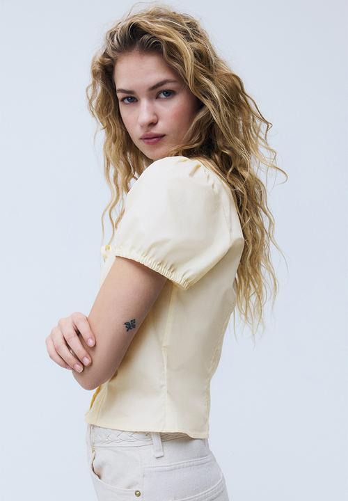 H&M - Puff-sleeved poplin blouse - light yellow