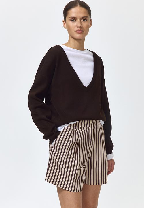H&M - Tailored linen-blend shorts - dark brown/striped