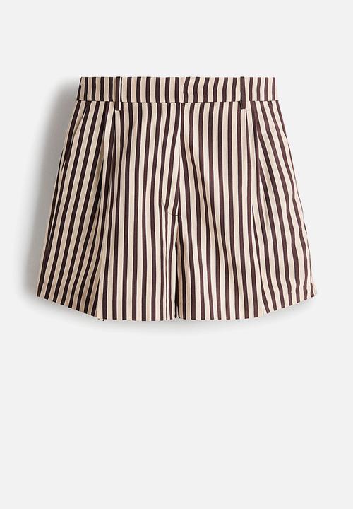 H&M - Tailored linen-blend shorts - dark brown/striped