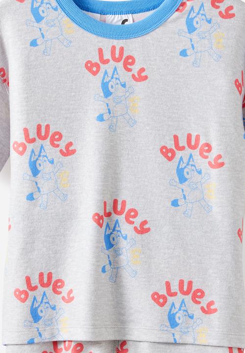 Cotton On - Snoozesoft Short Sleeve Boxer Pj Set License - Lcn Blu Grey Marle/Bluey Lets Do This