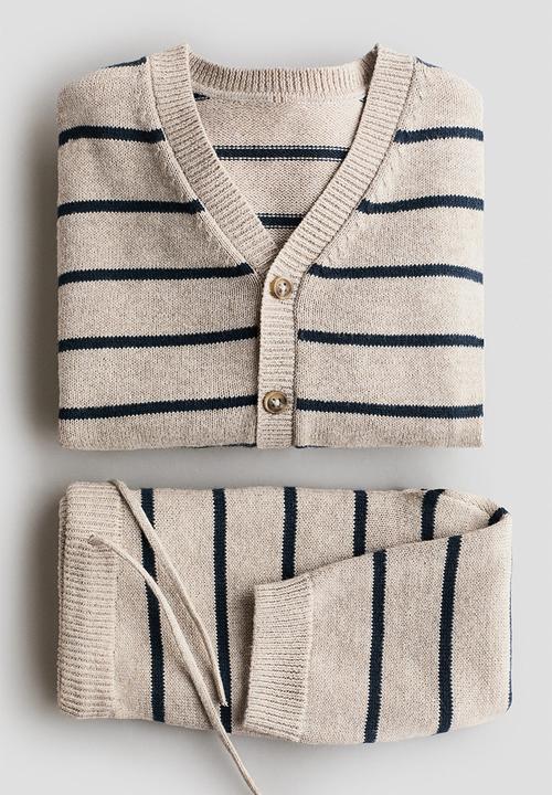 H&M - 2-Piece fine-knit cotton set - beige/blue striped