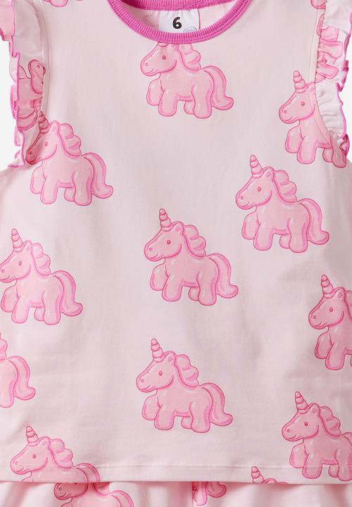 Cotton On - Dreamdrift Flutter Short Sleeve Pj Set - Tea Party Pink/Gummy Unicorn Glow