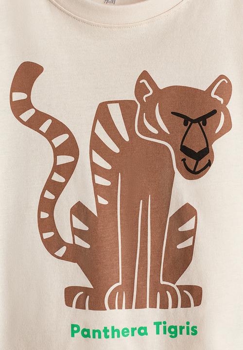 H&M - Printed cotton T-shirt - light beige/tiger