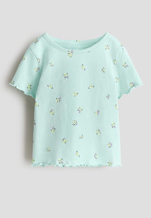 Overlock-detail cotton top - mint green/floral